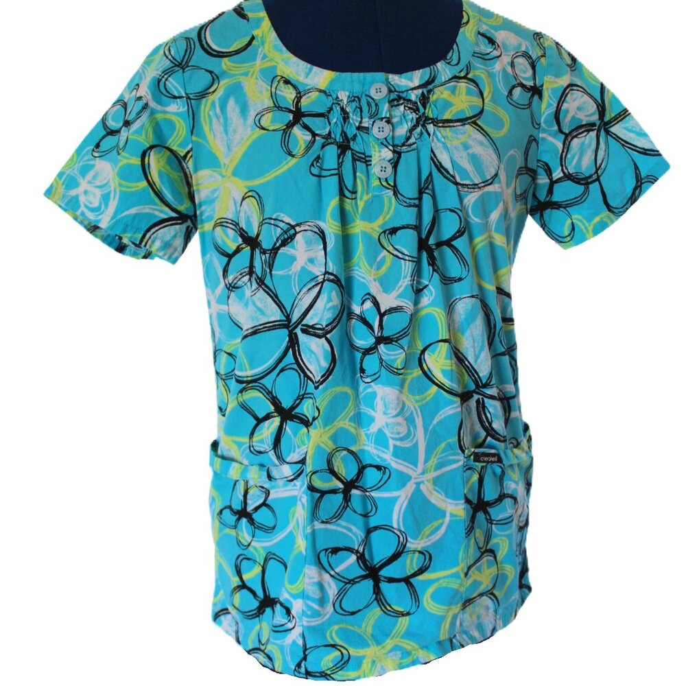 Cherokee Medical Scrub Top Size XS Blue Black Yellow Scribble Flowers